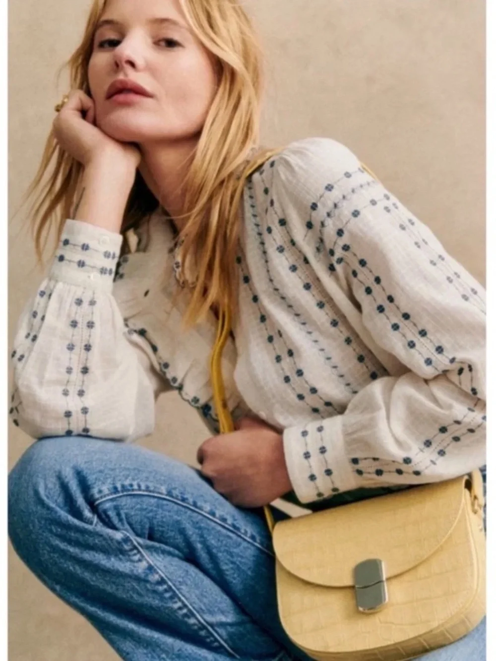 SEZANE Chlo Floral Embroidered Ruffle Button Down Shirt Top 36 USA 4 - Picture 2 of 9